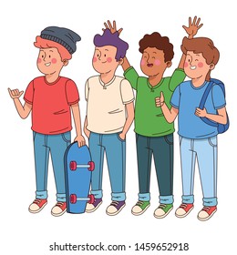 Teenagers friends smiling and greeting with cool clothes and accesories vector illustration graphic design