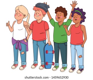 Teenagers friends smiling and greeting with cool clothes and accesories vector illustration graphic design