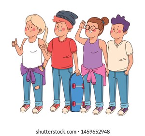 Teenagers friends smiling and greeting with cool clothes and accesories vector illustration graphic design