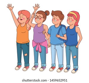 Teenagers friends smiling and greeting with cool clothes and accesories vector illustration graphic design