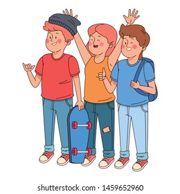 Teenagers friends smiling and greeting with cool clothes and accesories vector illustration graphic design