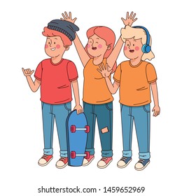 Teenagers friends smiling and greeting with cool clothes and accesories vector illustration graphic design