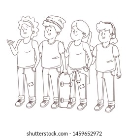 Teenagers friends smiling and greeting with cool clothes and accesories vector illustration graphic design