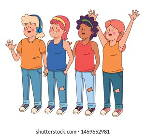 Teenagers friends smiling and greeting with cool clothes and accesories vector illustration graphic design