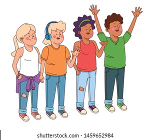 Teenagers friends smiling and greeting with cool clothes and accesories vector illustration graphic design