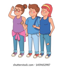 Teenagers friends smiling and greeting with cool clothes and accesories vector illustration graphic design