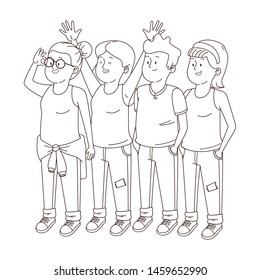 Teenagers friends smiling and greeting with cool clothes and accesories vector illustration graphic design