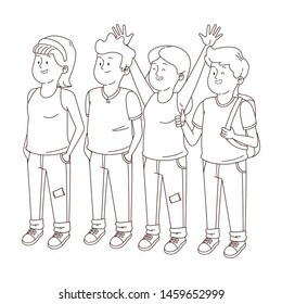 Teenagers friends smiling and greeting with cool clothes and accesories vector illustration graphic design