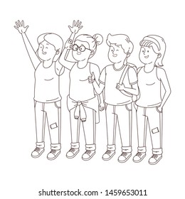 Teenagers friends smiling and greeting with cool clothes and accesories vector illustration graphic design