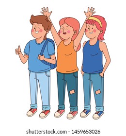 Teenagers friends smiling and greeting with cool clothes and accesories vector illustration graphic design