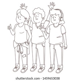 Teenagers friends smiling and greeting with cool clothes and accesories vector illustration graphic design