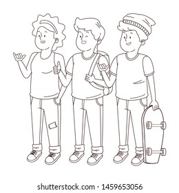 Teenagers friends smiling and greeting with cool clothes and accesories vector illustration graphic design