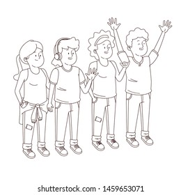 Teenagers friends smiling and greeting with cool clothes and accesories vector illustration graphic design