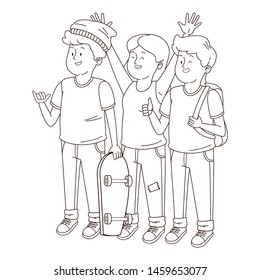 Teenagers friends smiling and greeting with cool clothes and accesories vector illustration graphic design