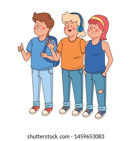 Teenagers friends smiling and greeting with cool clothes and accesories vector illustration graphic design