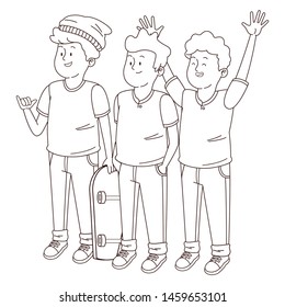 Teenagers friends smiling and greeting with cool clothes and accesories vector illustration graphic design