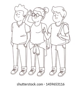 Teenagers friends smiling and greeting with cool clothes and accesories vector illustration graphic design