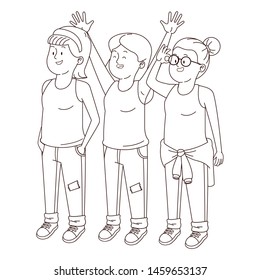 Teenagers friends smiling and greeting with cool clothes and accesories vector illustration graphic design