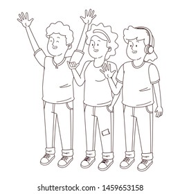 Teenagers friends smiling and greeting with cool clothes and accesories vector illustration graphic design