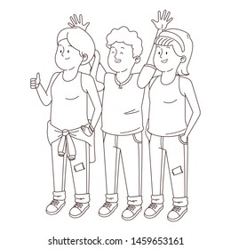 Teenagers friends smiling and greeting with cool clothes and accesories vector illustration graphic design