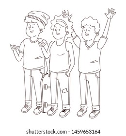 Teenagers friends smiling and greeting with cool clothes and accesories vector illustration graphic design