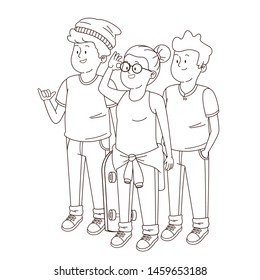 Teenagers friends smiling and greeting with cool clothes and accesories vector illustration graphic design