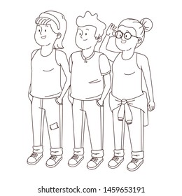 Teenagers friends smiling and greeting with cool clothes and accesories vector illustration graphic design