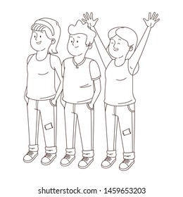 Teenagers friends smiling and greeting with cool clothes and accesories vector illustration graphic design