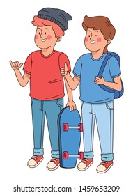 Teenagers friends smiling and greeting with cool clothes and accesories vector illustration graphic design