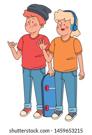 Teenagers friends smiling and greeting with cool clothes and accesories vector illustration graphic design