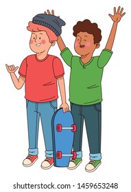Teenagers friends smiling and greeting with cool clothes and accesories vector illustration graphic design