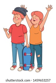 Teenagers friends smiling and greeting with cool clothes and accesories vector illustration graphic design
