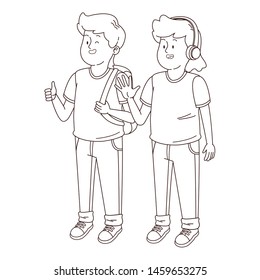 Teenagers friends smiling and greeting with cool clothes and accesories vector illustration graphic design