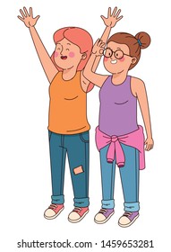 Teenagers friends smiling and greeting with cool clothes and accesories vector illustration graphic design