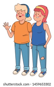 Teenagers friends smiling and greeting with cool clothes and accesories vector illustration graphic design