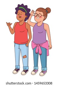 Teenagers friends smiling and greeting with cool clothes and accesories vector illustration graphic design