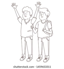 Teenagers friends smiling and greeting with cool clothes and accesories vector illustration graphic design
