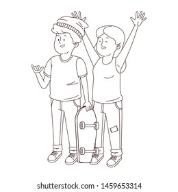 Teenagers friends smiling and greeting with cool clothes and accesories vector illustration graphic design