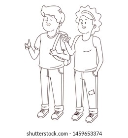 Teenagers friends smiling and greeting with cool clothes and accesories vector illustration graphic design