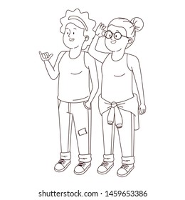 Teenagers friends smiling and greeting with cool clothes and accesories vector illustration graphic design