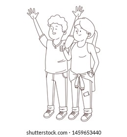 Teenagers friends smiling and greeting with cool clothes and accesories vector illustration graphic design