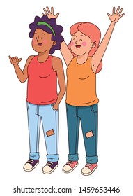 Teenagers friends smiling and greeting with cool clothes and accesories vector illustration graphic design