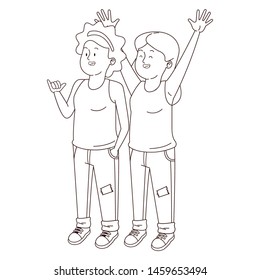 Teenagers friends smiling and greeting with cool clothes and accesories vector illustration graphic design