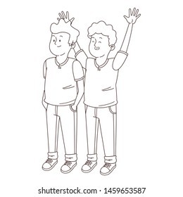 Teenagers friends smiling and greeting with cool clothes and accesories vector illustration graphic design