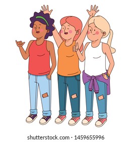Teenagers friends smiling and greeting with cool clothes and accesories vector illustration graphic design