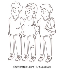 Teenagers friends smiling and greeting with cool clothes and accesories vector illustration graphic design