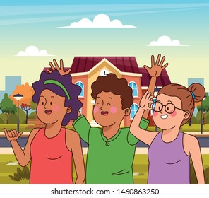 Teenagers friends smiling and greeting with cool clothes and accesories in the town, cityscape scenery ,vector illustration.