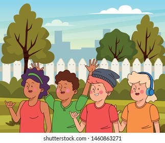 Teenagers friends smiling and greeting with cool clothes and accesories in the city park scenery, urban scenery ,vector illustration.