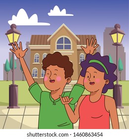 Teenagers friends smiling and greeting with cool clothes and accesories in the city park scenery, urban scenery ,vector illustration.