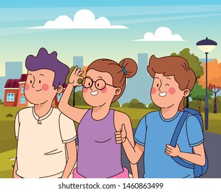 Teenagers friends smiling and greeting with cool clothes and accesories in the town, cityscape scenery ,vector illustration.